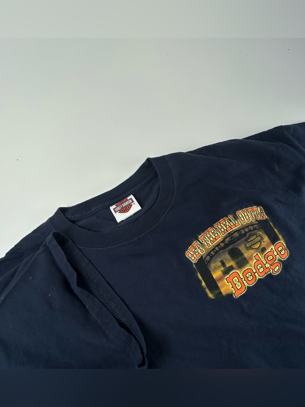 Harley Davidson Men’s SZ XL Y2K Get The Hell Out Of Dodge Tee Blue Kansas Shirt